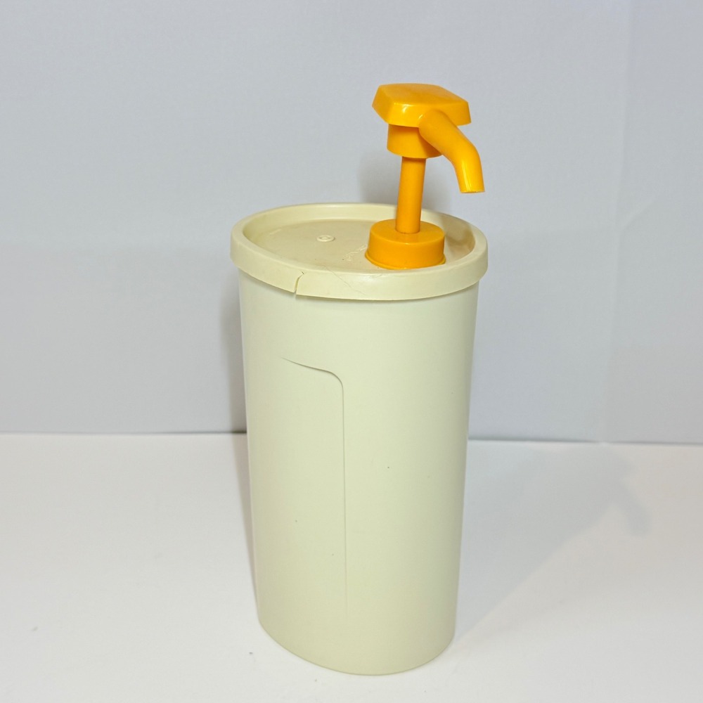 Vintage Tupperware Syrup Honey Dispenser Cream Yellow Pump Lid Retro Kitchenware